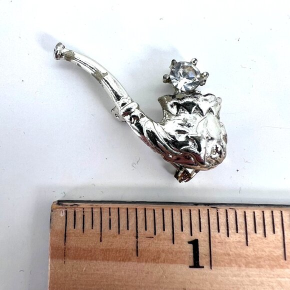 Tobacco Smoking Pipe Silver Tone Brooch Lapel Pin Tie Tack With Rhinestone - Picture 2 of 11